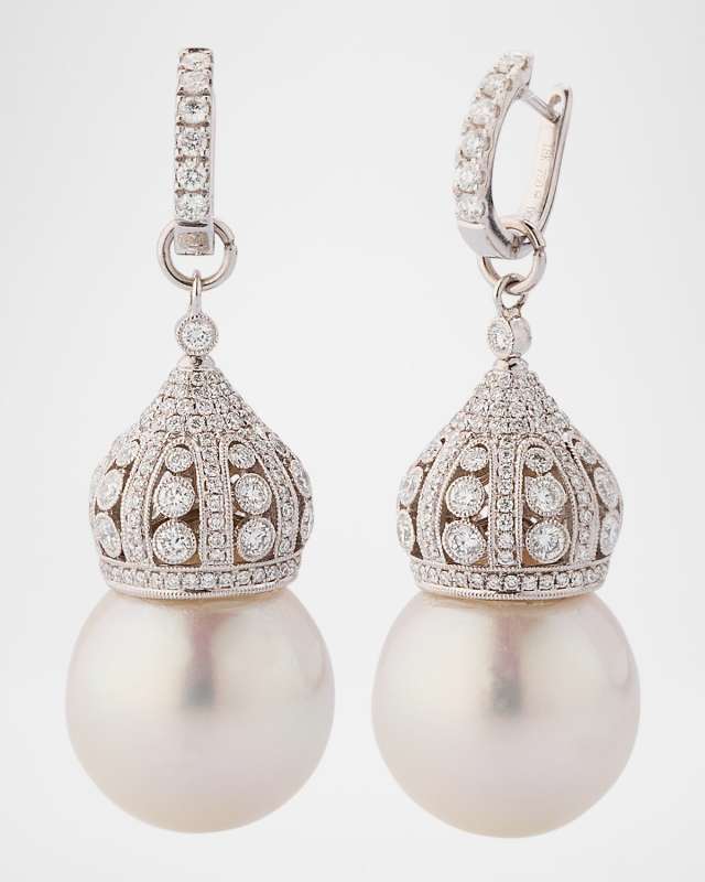 18K White Gold Diamond and South Sea Pearl Earrings